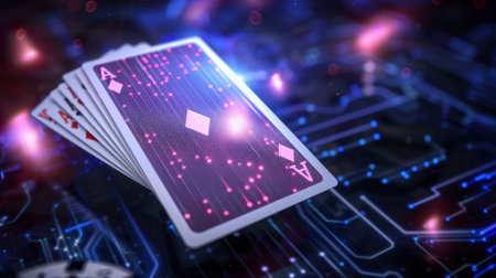 This vibrant image features glowing playing cards with the Ace of Diamonds, set against a futuristic circuit board background, perfect for gaming themes.の素材