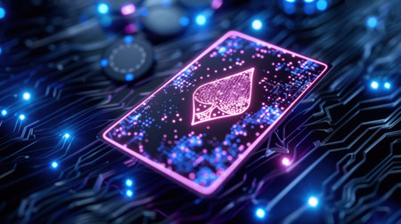 A visually captivating image of a futuristic playing card featuring a spade design, set against a digital circuit board background with vibrant sparkles and lights.の素材