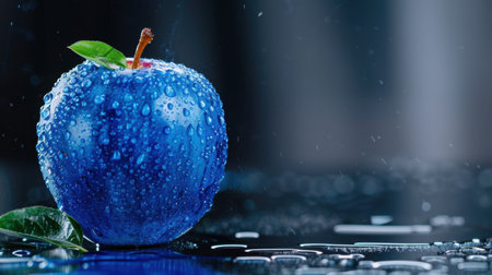 A striking blue apple adorned with glistening water droplets rests on a dark surface, showcasing its juicy texture and vibrant color, embodying freshness.の素材