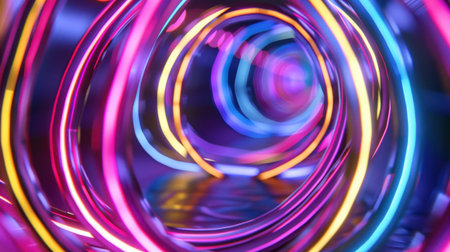 Explore a mesmerizing abstract representation of a neon light tunnel, featuring vibrant colors and smooth reflections, perfect for digital art and design projects.の素材