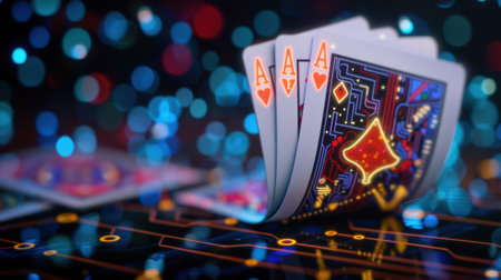 This image showcases a stunning collection of playing cards featuring aces against a backdrop of colorful bokeh lights, blending gaming and technology themes.の素材