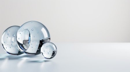 This image features transparent bubbles resting on a smooth surface, reflecting soft light against a minimalist background, evoking a serene and fresh atmosphere.の素材