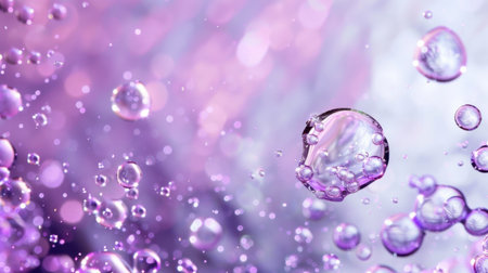 A mesmerizing display of water bubbles floating gracefully in a soft purple background. The dreamy scene features shimmering light and captivating bokeh effects, creating a sense of tranquility and beauty in an abstract composition.の素材