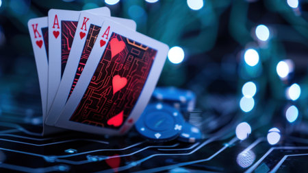 A captivating scene featuring playing cards with heart symbols and poker chips resting on a circuit board background, highlighted by soft, glowing lights.の素材