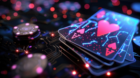 This captivating image features futuristic playing cards adorned with heart symbols, set against a dark casino background filled with colorful glowing chips and lights.の素材