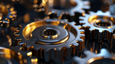 An intricate close-up of interconnected metallic gears showcases bright gold and dark steel tones. This image highlights precision and technology, ideal for industrial-themed projects.の素材