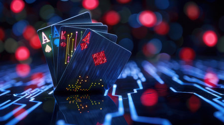 A vibrant composition featuring colorful playing cards set against a glowing circuit pattern background, perfect for themes of gaming and technology.の素材