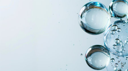 This image features clear water bubbles gracefully floating in the air, against a soft background. Ideal for conveying freshness and purity in various designs.の素材