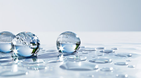 This image showcases crystal clear water droplets resting on a smooth surface, reflecting light in a serene and artistic arrangement. Ideal for nature or design themes.の素材