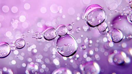Close-up view of colorful water droplets on a vibrant purple background, showcasing a mesmerizing bokeh effect that highlights the beauty of nature.の素材