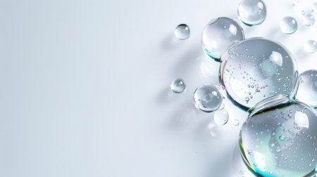 This image features close-up transparent water droplets displaying soft reflections on a light background. Ideal for visuals conveying purity, freshness, and elegance.の素材