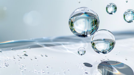 A captivating close-up image of glistening water droplets floating above a reflective surface, highlighted by a gentle bokeh background. Perfect for conveying freshness.の素材