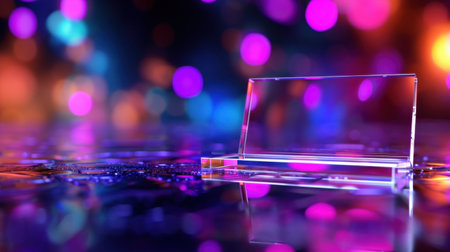 A sleek glass stand positioned on a shimmering surface, featuring a vibrant bokeh background. Ideal for showcasing products with elegance.の素材