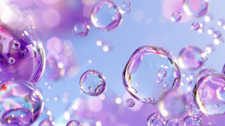 This vibrant image showcases colorful floating bubbles against a soft purple background. Their sparkling highlights create a whimsical and dreamy atmosphere, perfect for various creative projects.の素材