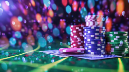 A vibrant scene featuring colorful casino chips stacked near playing cards on a green table. Blurry lights create a festive and exciting atmosphere ideal for gambling and nightlife.の素材