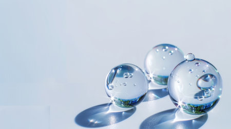 This image features three clear water droplets gently resting on a smooth surface, reflecting light and casting delicate shadows, creating a serene atmosphere.の素材
