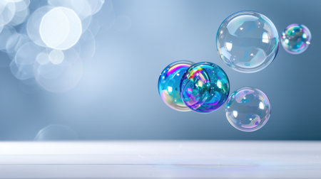 A captivating scene featuring colorful soap bubbles floating gracefully against a soft blurred background. The light reflections enhance the vibrant colors, creating a playful and dreamy atmosphere. Ideal for artistic projects or themed designs.の素材