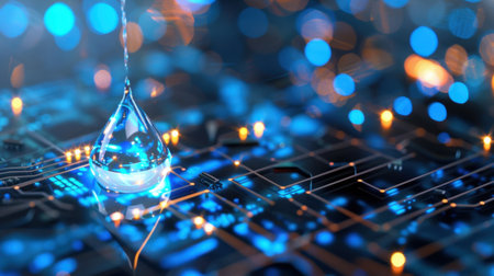 A captivating macro shot of a water droplet resting on an electronic circuit board, featuring vibrant blue and orange bokeh lights to enhance the technology theme.の素材