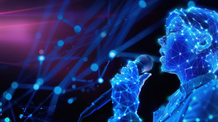 A futuristic digital performer captivates the audience with their voice, illuminated by vibrant light patterns and a technology-inspired design.の素材