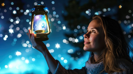 A woman stands outdoors holding a lantern that illuminates the night sky filled with sparkling stars. The serene scene evokes a sense of wonder and imagination, as she gazes thoughtfully at the glowing light, symbolizing exploration and adventure. Perfect for themes of nature and tranquility.の素材