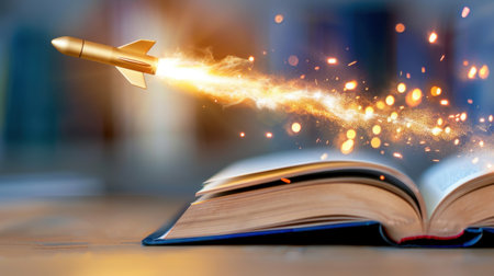 This imaginative image showcases a rocket launching from an open book, symbolizing the explosive power of knowledge and creativity in education and inspiration.の素材