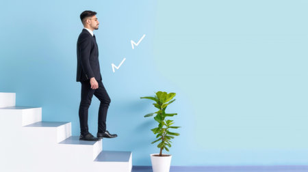 A businessman in a suit stands confidently on a set of stairs beside a potted plant, symbolizing growth and ambition against a soothing blue background.の素材