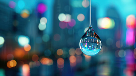A stunning close-up of a water droplet reflecting vibrant city lights creates a captivating urban atmosphere. The bokeh background adds an artistic touch.の素材