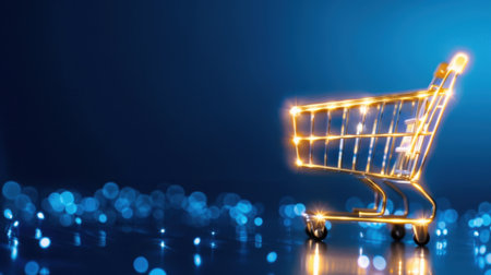 A luxurious golden shopping cart stands alone against a mesmerizing blue background filled with sparkling bokeh lights, embodying modern retail and e-commerce themes.の素材