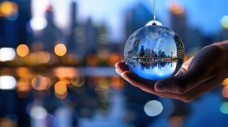A stunning image capturing a glass ornament reflecting a vibrant modern city skyline at dusk, held delicately in a hand, surrounded by soft bokeh lights.の素材