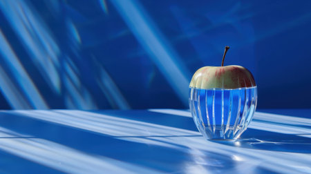 A vibrant still life featuring a single apple resting on a glass structure filled with water, against a striking blue background, creating a serene composition.の素材