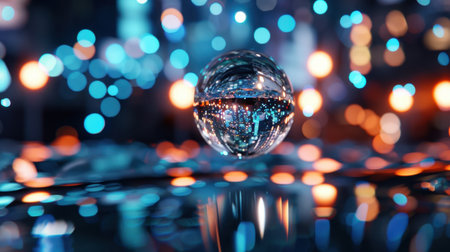 Captivating close-up image of a glass sphere reflecting colorful bokeh lights amidst a blurred background, perfect for artistic projects and creative designs.の素材