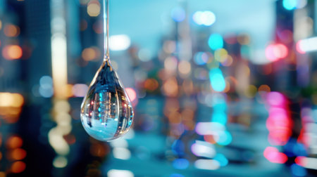 A mesmerizing close-up of a water drop capturing vibrant city lights in the background, showcasing the beauty of urban landscapes at night.の素材