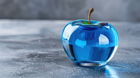 This stunning blue glass apple figurine stands prominently on a grey background, showcasing artistic craftsmanship and modern elegance. Its vibrant color and smooth surface create a captivating visual experience.の素材