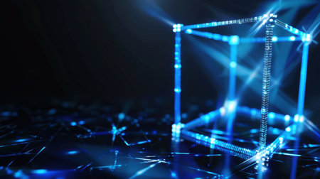 This visually stunning 3D cube features glowing neon lights and a sparkling backdrop, creating a captivating abstract digital environment.の素材