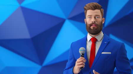 A confident male presenter stands with a microphone, dressed in a stylish blue suit, set against an eye-catching geometric blue background, ideal for professional events.の素材
