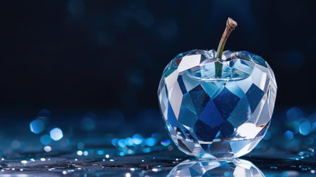 A stunning crystal apple stands on a reflective surface, surrounded by a vibrant blue background that enhances its intricate design and luxurious feel.の素材