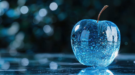 A stunning blue apple with a glitter effect, elegantly resting on a reflective surface, complemented by a mesmerizing soft bokeh background, ideal for creative projects.の素材