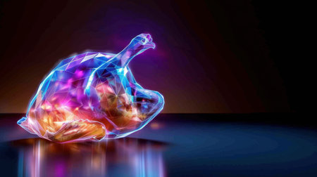 This stunning abstract artwork features a colorful, illuminated representation of a goose. The vibrant neon colors contrast beautifully against a dark background, creating a dreamlike atmosphere.の素材