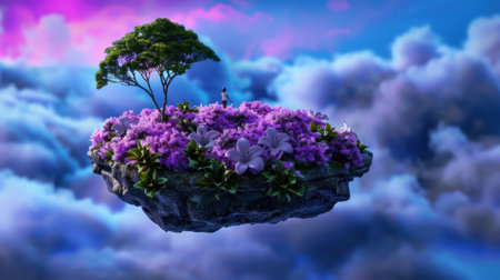 This stunning artwork depicts a magical floating island adorned with vibrant flowers and a solitary figure, set against a backdrop of colorful clouds.の素材