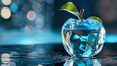 A stunning crystal apple-shaped water container resting on a reflective surface, enhanced by a serene bokeh background and a vibrant blue hue.の素材