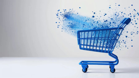 This image features a blue shopping cart against a minimalistic background, enhanced by a vibrant splash of paint. Ideal for marketing and e-commerce themes.の素材