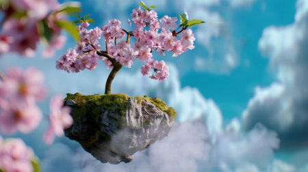 A captivating scene featuring a solitary cherry blossom tree on a floating island, surrounded by fluffy clouds under a bright, blue sky, evoking serenity and beauty.の素材
