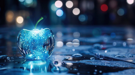 A stunning glass apple sparkles with blue hues and water droplets, set against a blurred background featuring colorful bokeh lights, creating an artistic vibe.の素材