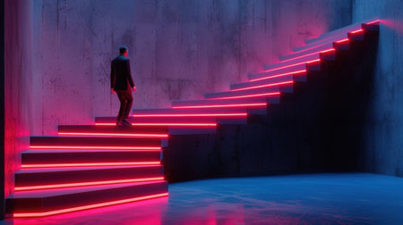 A man in a suit ascends a striking staircase illuminated by vibrant neon lights, embodying a futuristic atmosphere full of artistic flair and modern elegance.の素材
