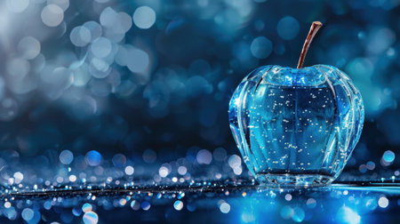 This stunning image features a crystal apple sparkling with reflections on a glossy surface. The captivating blue bokeh background enhances its elegance and charm, creating a visually striking composition perfect for various design projects.の素材