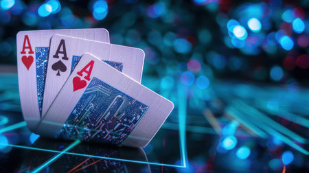 A set of three ace playing cards stands out against a vivid, sparkling background, perfect for themes of casino games, excitement, and luck.の素材