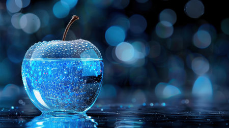 A stunning apple rests in a glass filled with water droplets, surrounded by a captivating blue background that enhances its natural beauty and freshness.の素材