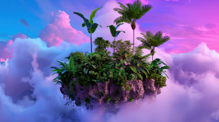 A stunning tropical island floats among vibrant clouds, featuring lush vegetation and palm trees under a beautiful sunset sky, creating a serene paradise.の素材