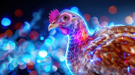 An imaginative depiction of a chicken featuring a glowing digital overlay set against an abstract, colorful background, perfect for tech or art projects.の素材