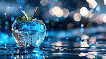An enchanting close-up of a translucent apple with water droplets, resting on a calm surface, surrounded by shimmering blue bokeh lights. Ideal for nature-themed designs.の素材